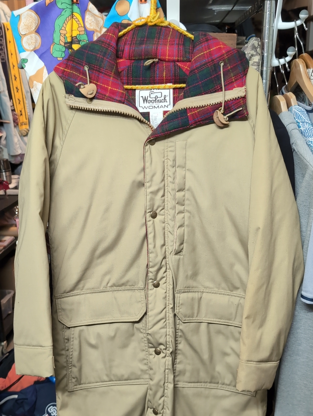 Vintage Woolrich Tan Trench Coat with Red-Green Plaid Lining Small Sz S 33225